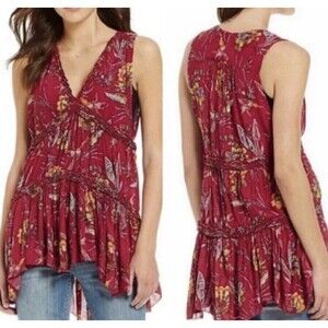 Free People Red Floral Print Tunic Mini Dress Lovely Day V-Neck Tassels Women S
